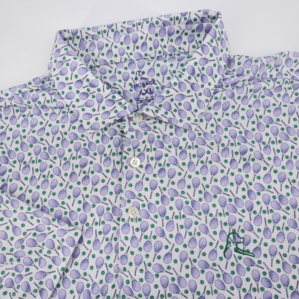 Rhoback Tennis Racket Print Performance Polo Purple Short Sleeve Mens XXL Shirt